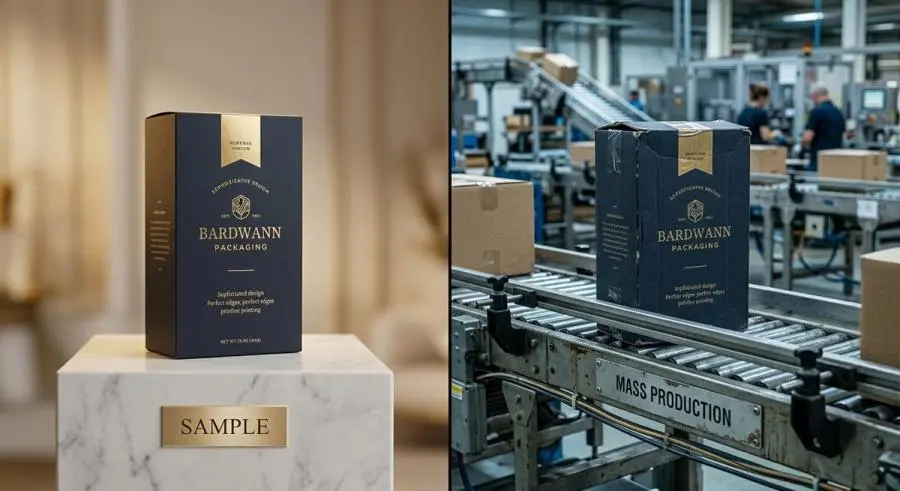 Sample vs mass production quality comparison in packaging manufacturing