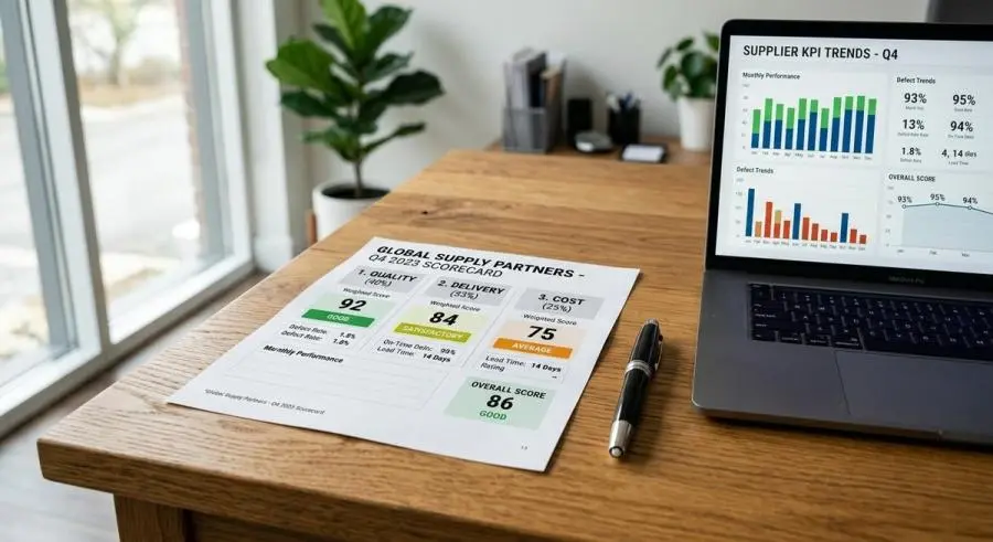 Supplier evaluation scorecard with weighted scoring dimensions