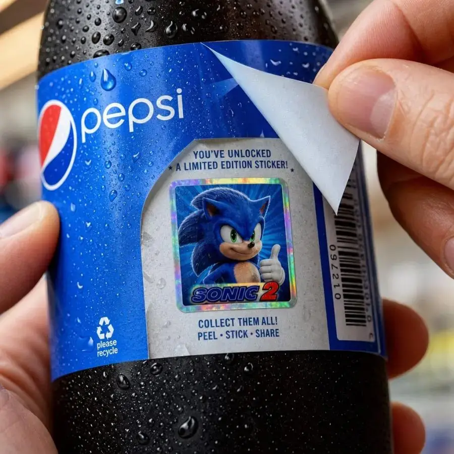 Consumer peeling back bottle label to reveal hidden collectible World Cup sticker