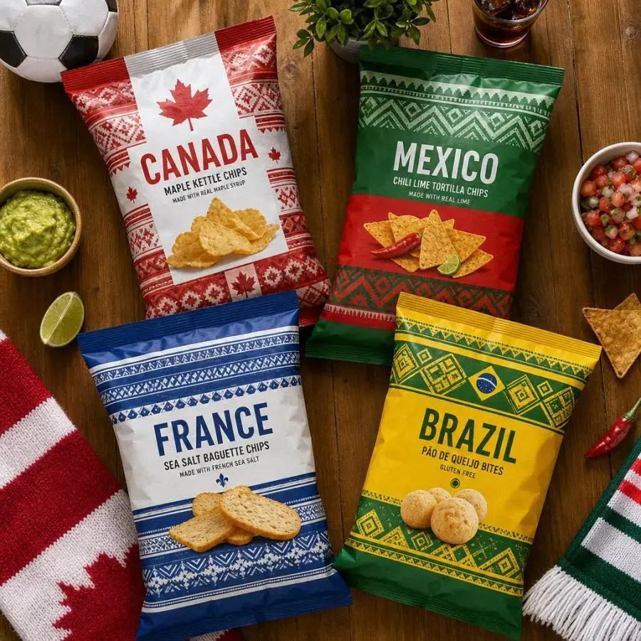 Country-themed scarf-shaped chip bags with culturally specific colors and patterns for World Cup