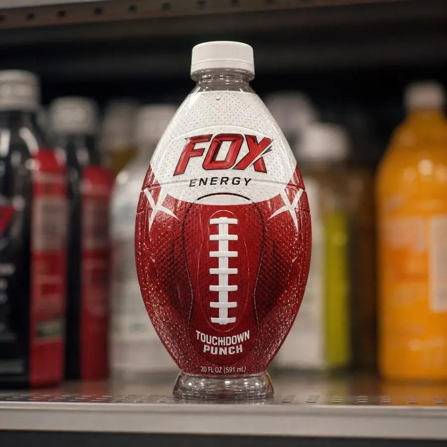 Coca-Cola football-shaped bottle standing out on retail shelf among regular cylindrical bottles