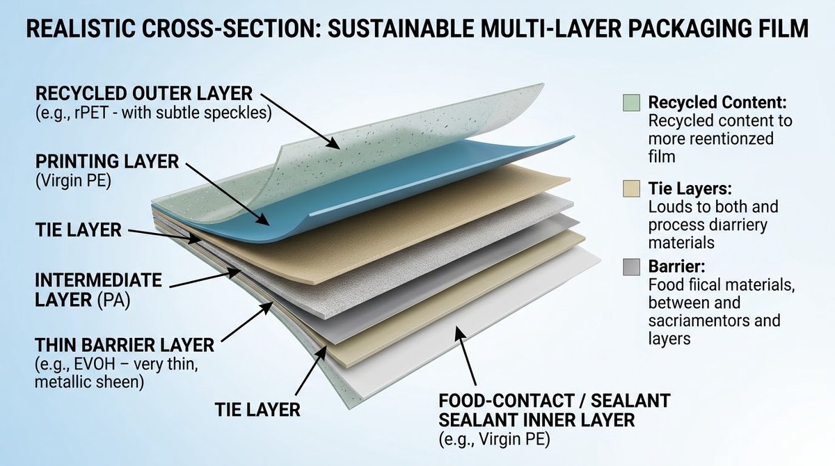 Multi-layer packaging film structure with virgin barrier inner layer and recycled outer layers