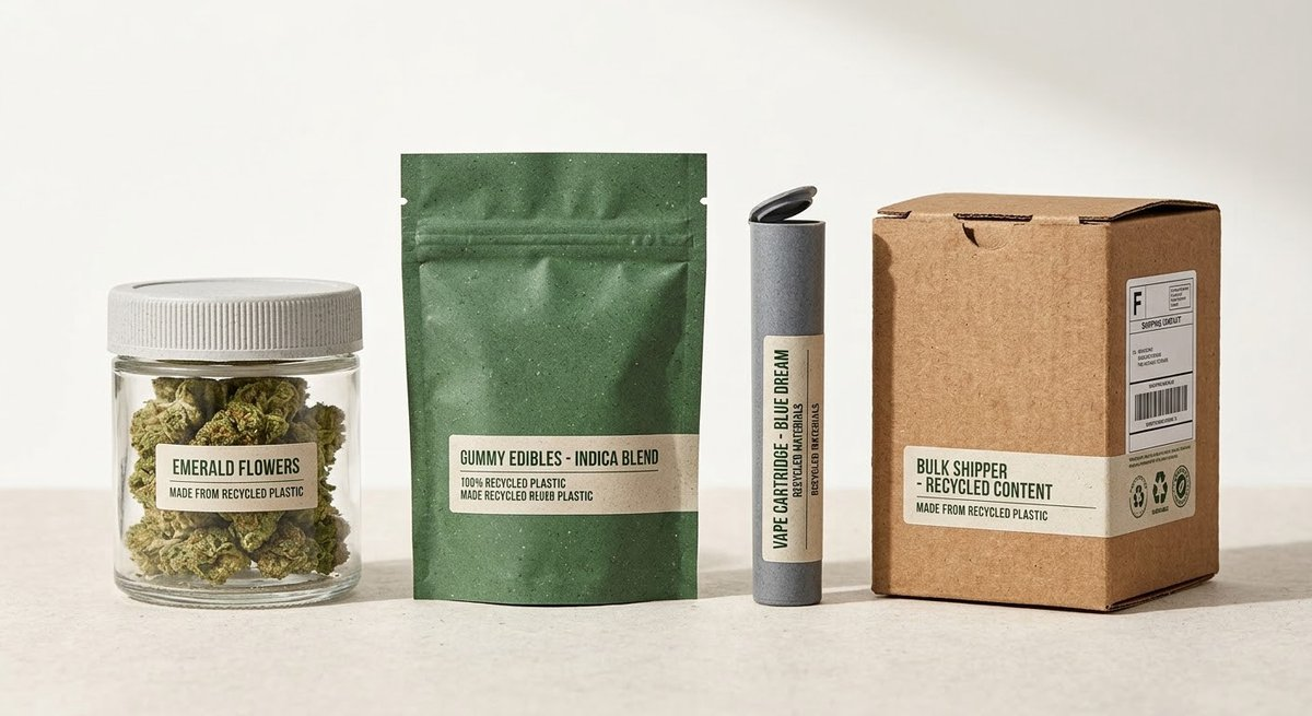 Four cannabis packaging types from recycled plastic: jar, pouch, vape tube, and box