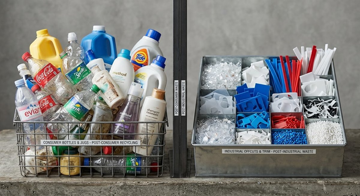 Post-consumer vs post-industrial recycled plastic sources comparison for packaging
