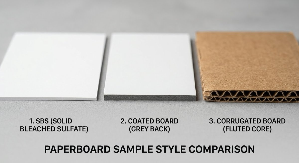 Three paperboard samples compared: white SBS sheet, grey-back board, and corrugated board