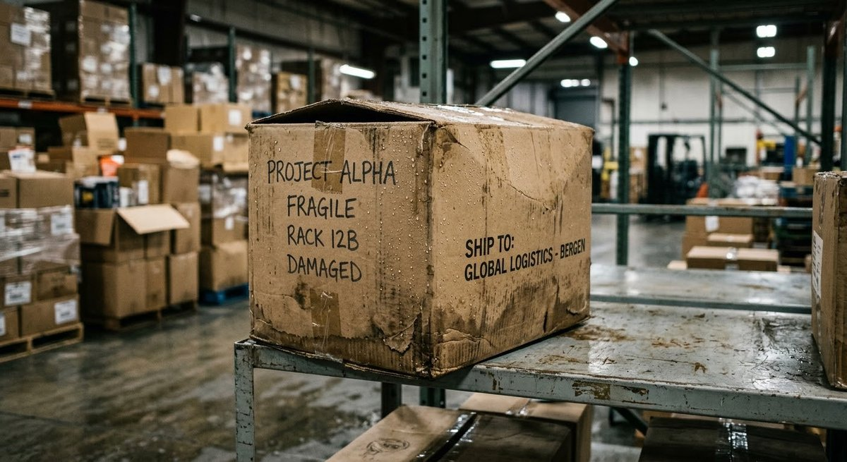 Humidity-damaged corrugated box in a warehouse showing strength loss from moisture