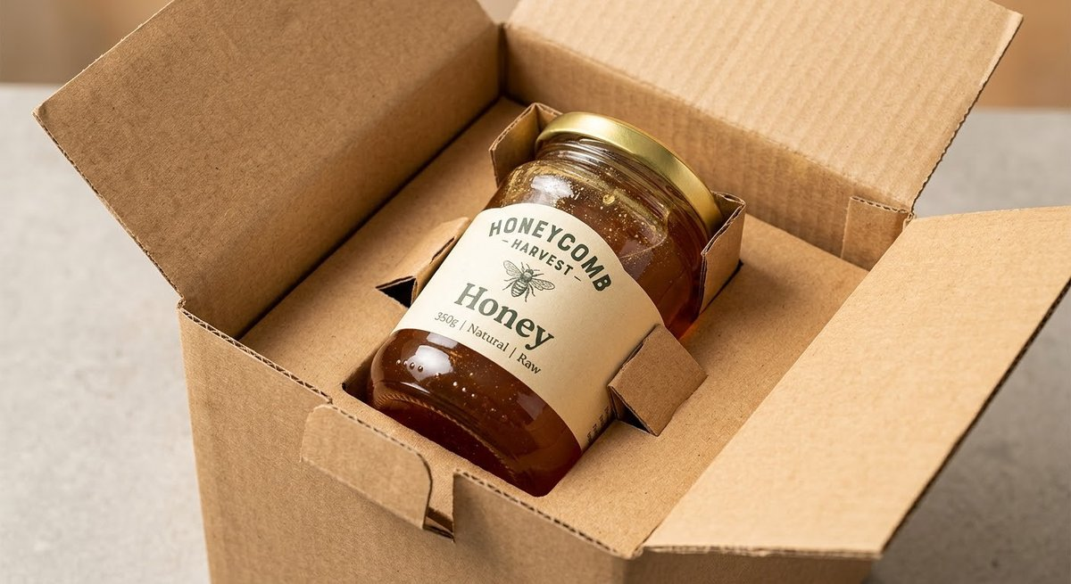 Glass jar held securely inside a cardboard box by a fitted paperboard insert