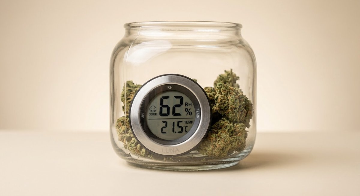 Digital hygrometer inside a glass jar showing ideal humidity for cannabis storage