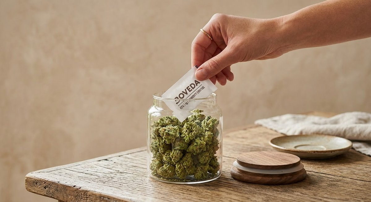 Humidity control sachet placed into a glass jar of fresh cannabis flower