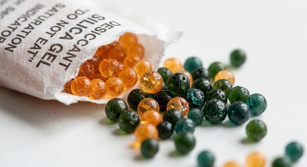 Silica gel beads changing from orange to green as they saturate with moisture