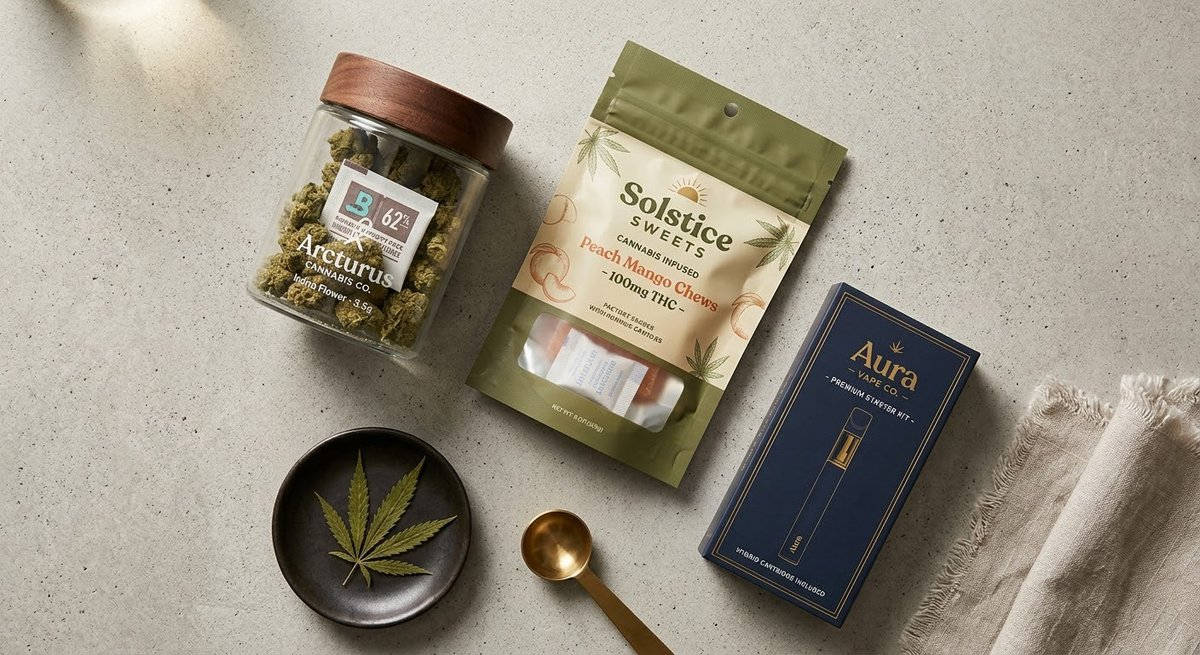 Cannabis products matched with their moisture control packaging: flower jar, edibles pouch, vape box