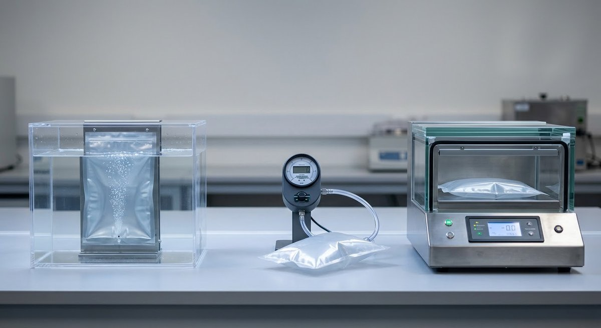 Water bath, pressure decay and vacuum decay leak testing instruments side by side