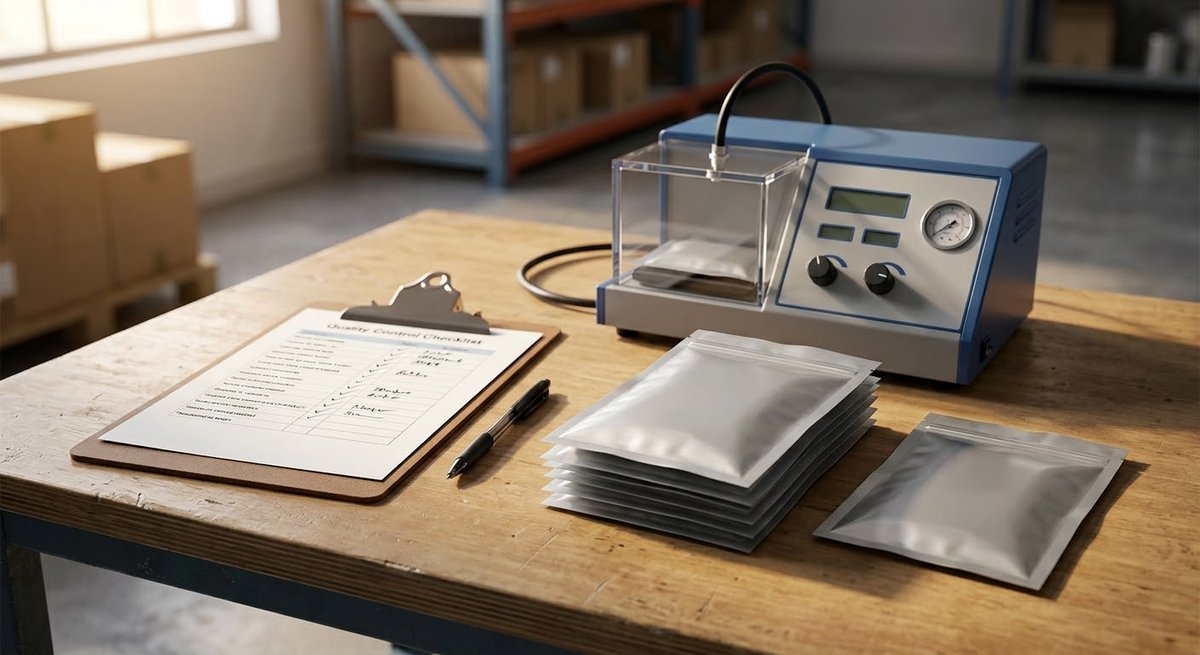 Incoming inspection checklist beside sealed pouches and a benchtop leak tester