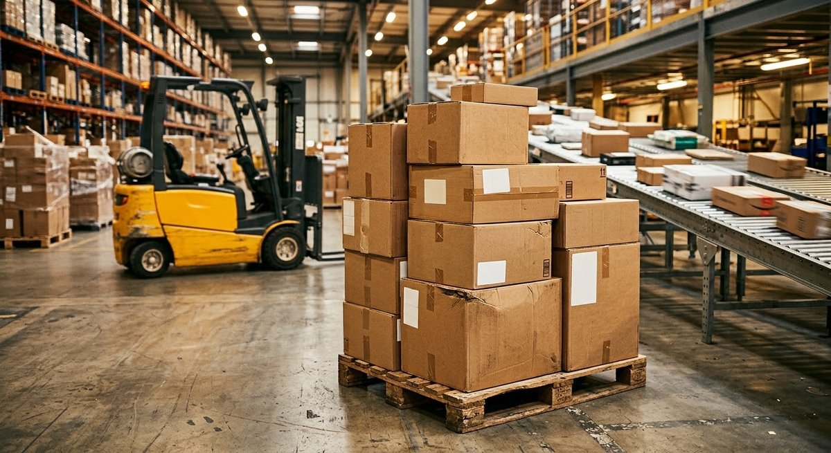 Corrugated shipping boxes on a pallet moving through a distribution center