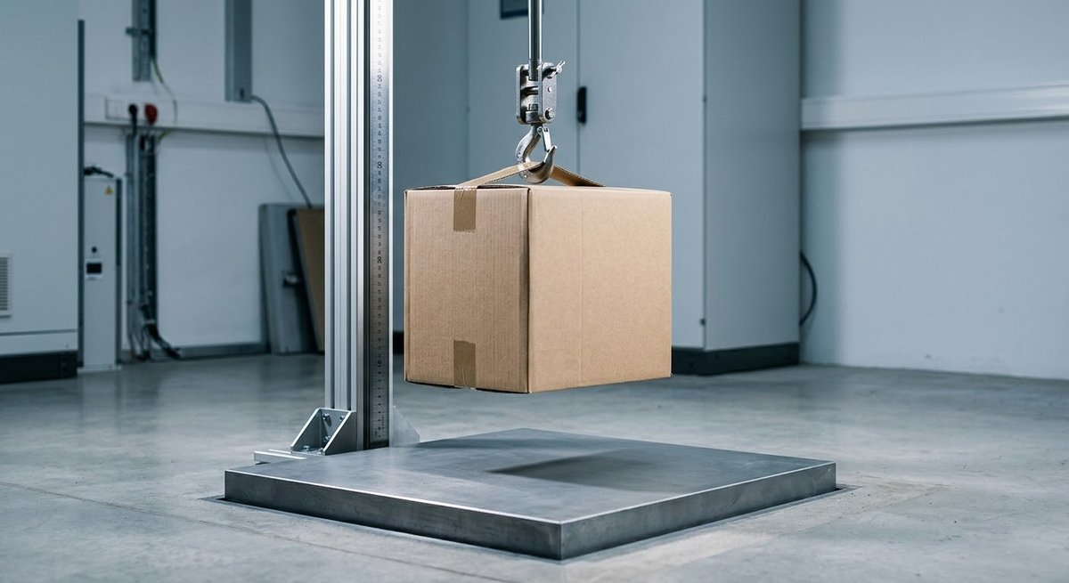 Cardboard box held at height by a drop test rig above a steel surface