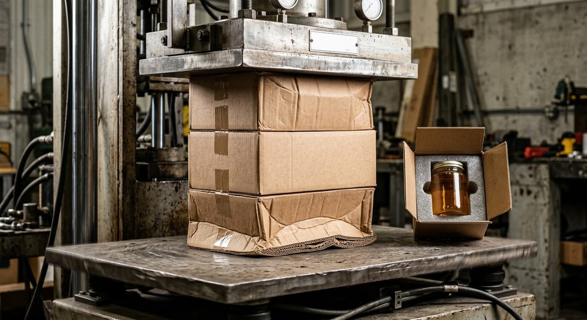 Boxes under a compression platen on a vibration test table with glass jar insert