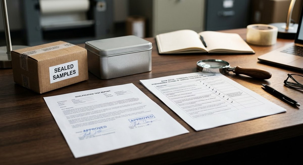 Packaging test report and inspection checklist beside a pre-roll tube box