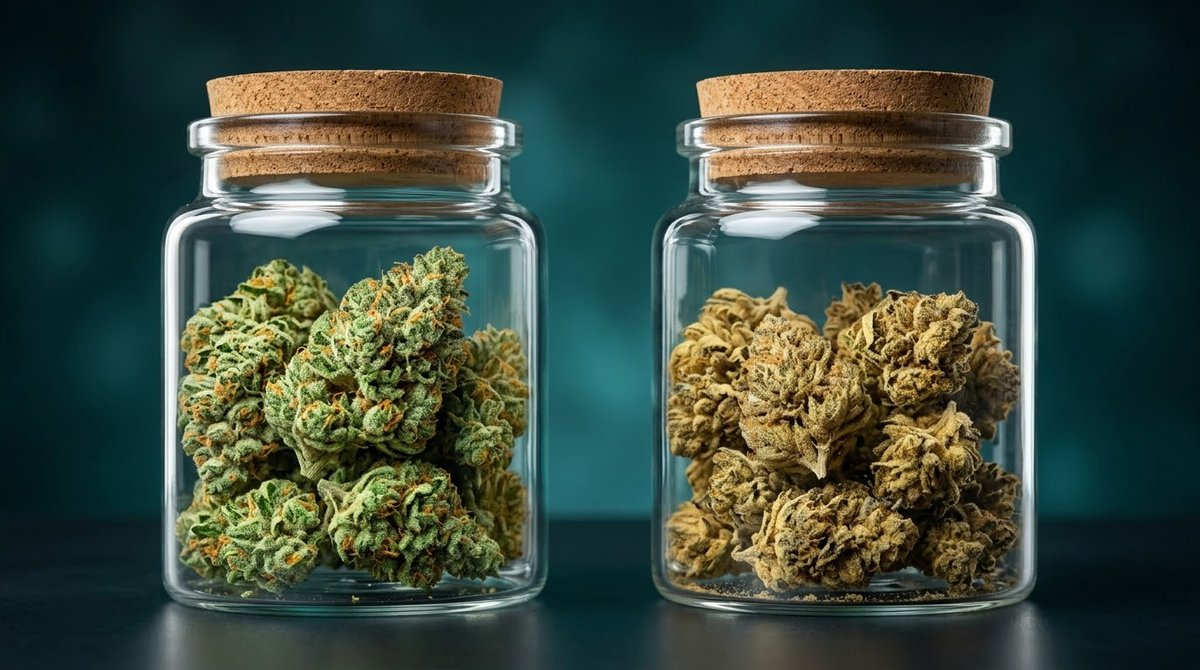 Side-by-side glass jars comparing fresh green cannabis buds versus oxidized yellowed cannabis showing packaging preservation results