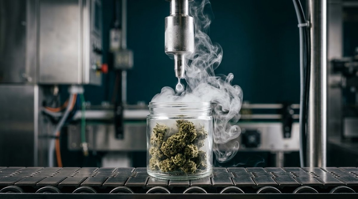 Automated liquid nitrogen dosing nozzle injecting nitrogen vapor into cannabis jar on packaging line