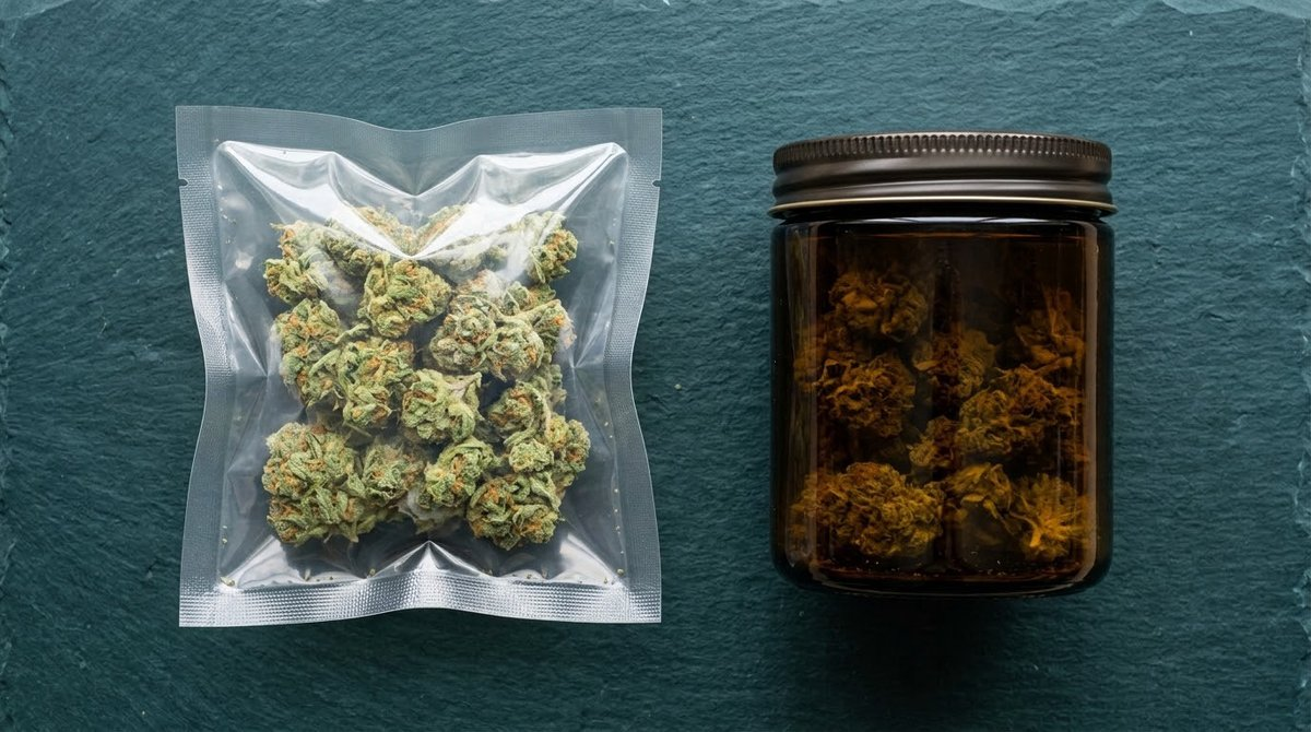 Top-down comparison of flexible MAP film bag and rigid amber glass jar for cannabis preservation