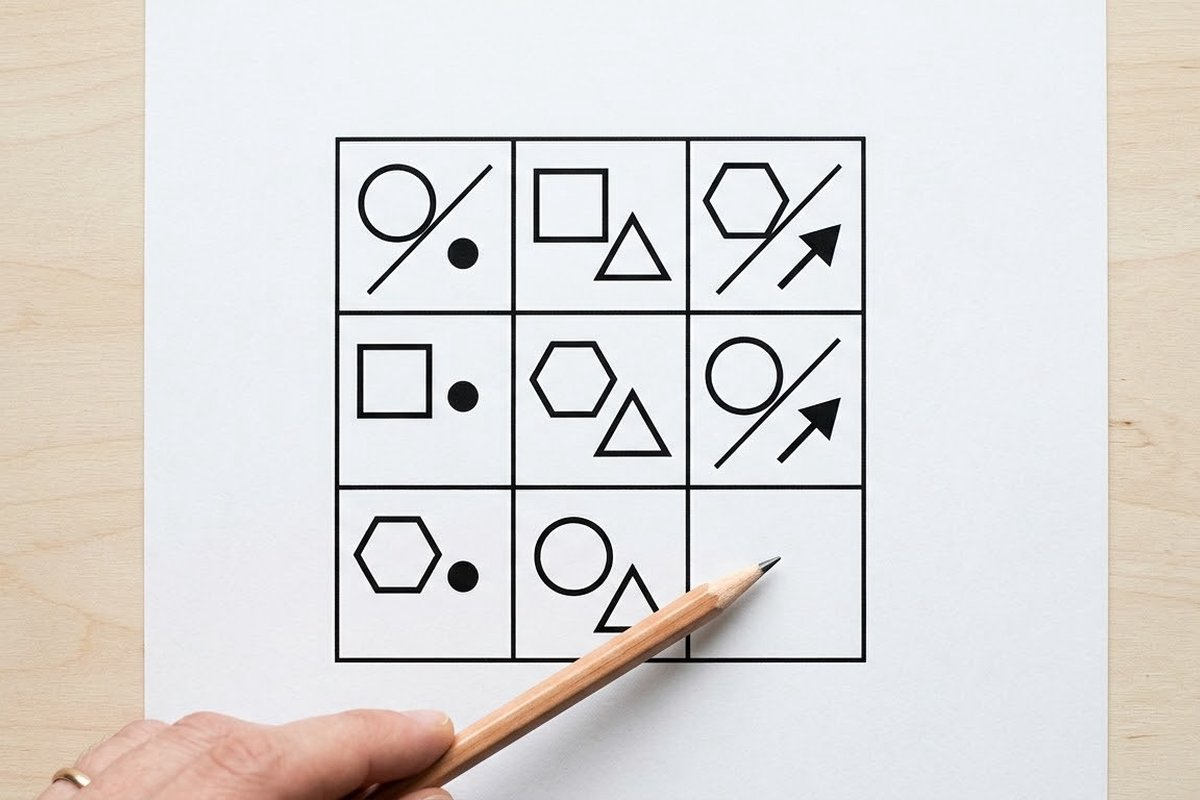 Printed 3x3 matrix reasoning puzzle with one missing cell