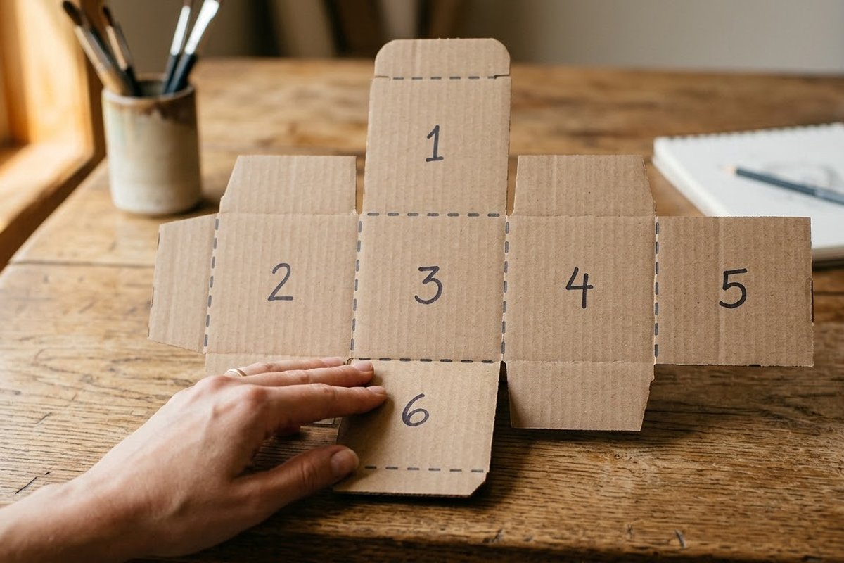 Unfolded cube net on a desk used for spatial reasoning practice