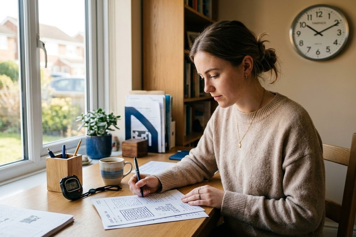 Young adult practicing timed puzzle worksheets at a bright desk